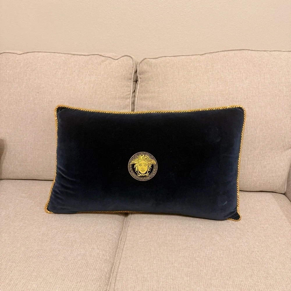 Gianni Versace Decorative Pillow Gold Embroidered Medusa Blue Velvet Designer